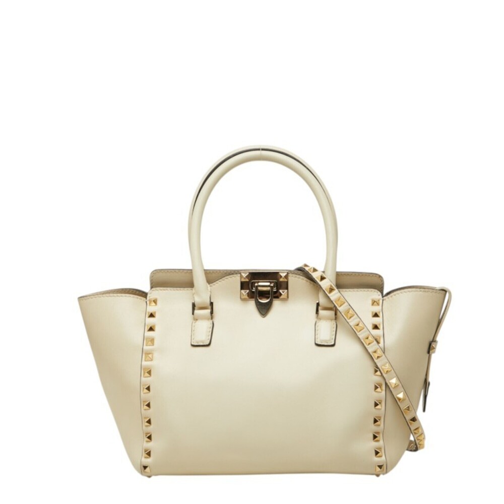 Valentino Rockstud Handbag Shoulder Bag 2-Way Off-White Leather Women's VALEN...